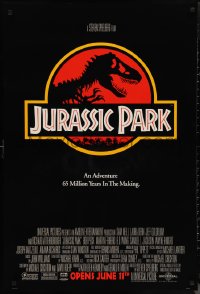 1g1262 JURASSIC PARK advance 1sh 1993 Steven Spielberg, classic logo with T-Rex over red background