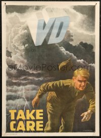 1g0425 TAKE CARE VD 16x23 Australian WWII war poster 1946 soldier escaping venereal disease!