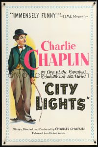 1h0996 CITY LIGHTS linen 1sh R1950 great art of Charlie Chaplin as the Tramp, classic silent comedy!