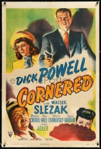 1h1003 CORNERED linen 1sh 1946 great artwork of Dick Powell pointing gun & Walter Slezak!