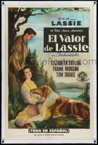 1h1004 COURAGE OF LASSIE linen Spanish/US 1sh 1946 artwork of Elizabeth Taylor with famous canine!