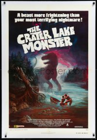 1h1007 CRATER LAKE MONSTER linen 1sh 1977 Wil art of dinosaur more frightening than your nightmares!