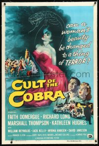 1h1012 CULT OF THE COBRA linen 1sh 1955 artwork of sexy Faith Domergue & giant cobra snake!