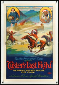 1h1013 CUSTER'S LAST FIGHT linen 1sh R1925 50th Anniversary of Last Stand at Little Big Horn, rare!