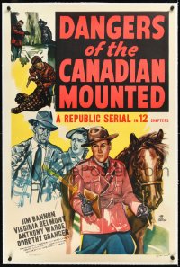 1h1019 DANGERS OF THE CANADIAN MOUNTED linen 1sh 1948 Republic serial, cool artwork of Mounties!