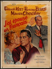 1h0111 COUNT YOUR BLESSINGS linen French 1p 1959 Soubie art of Deborah Kerr, Brazzi & Chevalier!