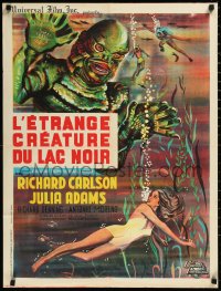 1h0613 CREATURE FROM THE BLACK LAGOON French 24x32 R1962 Belinsky art of monster looming over Adams!