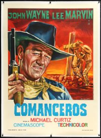 1h0141 COMANCHEROS linen Italian 1p R1967 cool different Tarantelli art of John Wayne holding gun!