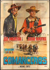 1h0376 COMANCHEROS Italian 2p R1967 different Tarantelli art of John Wayne & Lee Marvin with guns!