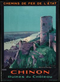 1h0666 CHINON linen 30x31 French travel poster 1927 Germain Lavalley art of the chateau ruins, rare!