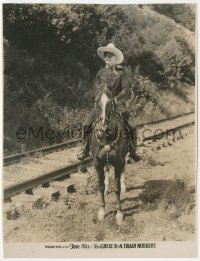 1j1474 GREAT K & A TRAIN ROBBERY 7.5x9.75 still 1926 masked Tom Mix riding Tony by train tracks!