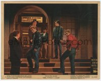 1j1601 REBEL WITHOUT A CAUSE color 8x10 still #3 1955 James Dean outside police station, Nicholas Ray