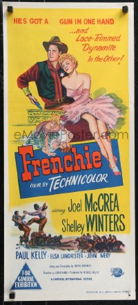 1j0820 FRENCHIE Aust daybill 1951 sexy lace-trimmed Shelley Winters with sheriff Joel McCrea!