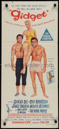 1j0822 GIDGET Aust daybill 1960 art of cute Sandra Dee on Darren & Cliff Robertson's shoulders!