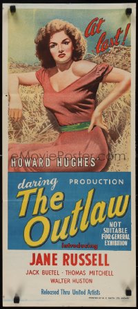 1j0851 OUTLAW Aust daybill 1947 hand litho art of sexy Jane Russell at last, Howard Hughes!