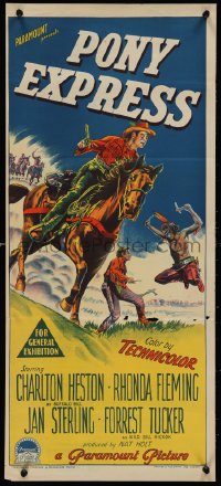 1j0852 PONY EXPRESS Aust daybill 1953 Richardson Studio art of Charlton Heston on horseback!