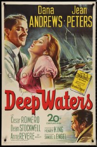 1j1896 DEEP WATERS 1sh 1948 artwork of Dana Andrews holding sexy Jean Peters!