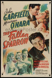 1j1938 FALLEN SPARROW 1sh 1943 great romantic artwork of John Garfield & sexy Maureen O'Hara!