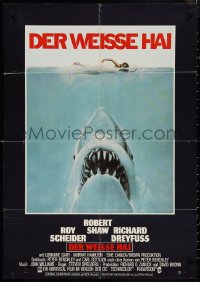 1j0343 JAWS German 1975 art of Steven Spielberg's classic man-eating shark attacking sexy swimmer!