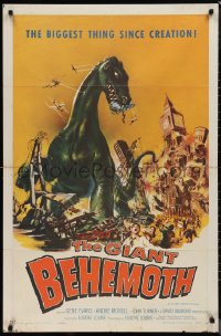 1j1966 GIANT BEHEMOTH 1sh 1959 cool art of massive brontosaurus dinosaur monster smashing city!