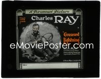 1j0638 GREASED LIGHTNING glass slide 1919 Charles Ray smoking cigar & driving his race car!