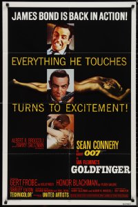 1j1973 GOLDFINGER 1sh R1980 three images of Sean Connery as James Bond 007, he's back in action!