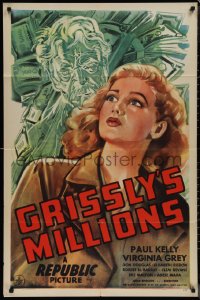 1j1986 GRISSLY'S MILLIONS 1sh 1945 art of Paul Kelly looming over Virginia Grey & lots of money!