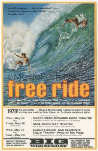 1j0392 FREE RIDE herald 1978 art of two competetive surfers riding a huge wave, Big Wednesday!