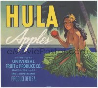 1j0376 HULA APPLES 9x10 crate label 1950s art of sexy topless native girl with fresh produce!