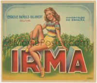 1j0377 IRMA Spanish 10x12 crate label 1940s art of sexy woman holding a fresh orange!