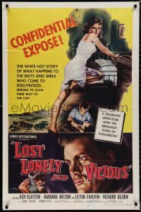 1j2047 LOST, LONELY & VICIOUS 1sh 1958 art of sexy barely-dressed bad girl leaning on bed!