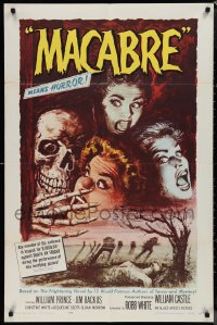 1j2050 MACABRE 1sh 1958 William Castle, Besser art of skeleton & screaming girls in graveyard!