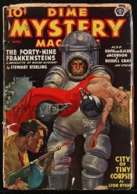 1j0431 DIME MYSTERY MAGAZINE pulp magazine April 1939 cover art of man in robot suit carrying girl!