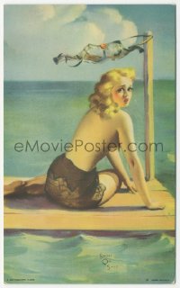 1j0303 MUTOSCOPE Mutoscope card 1930s art of sexy topless blonde pin-up on raft, Short on Sails!