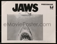 1j1744 JAWS pressbook 1975 art of Steven Spielberg's classic man-eating shark attacking swimmer!