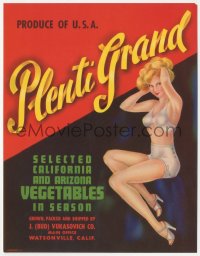 1j0382 PLENTI GRAND 7x9 crate label 1940s pin-up art of sexy blonde woman in her underwear!