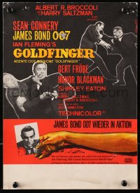 1j0107 GOLDFINGER 10x13 Swiss window card 1964 three images of Sean Connery as James Bond, different!