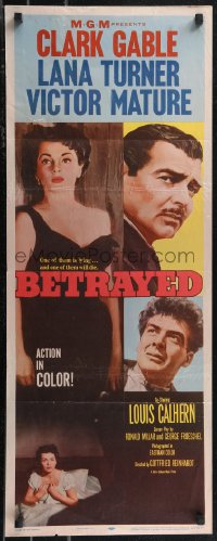 1k0962 BETRAYED insert 1954 art of Clark Gable, Victor Mature & sexy brunette Lana Turner!