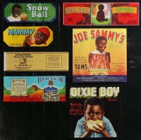 1m0383 LOT OF 7 BLACK FOOD CAN/CRATE LABELS 1930s-1940s Snow Ball, Mammy, Joe Sammy's Yams & more!