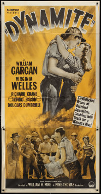 1p0781 DYNAMITE 3sh 1949 explosive romantic artwork of William Gargan & Virginia Welles!