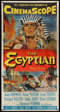 1p0783 EGYPTIAN 3sh 1954 artwork of Jean Simmons, Victor Mature & Gene Tierney in ancient Egypt!