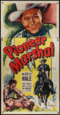 1p0825 PIONEER MARSHAL 3sh 1949 great huge close up artwork of smiling cowboy Monte Hale!