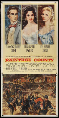 1p0829 RAINTREE COUNTY 3sh 1957 art of Montgomery Clift, Elizabeth Taylor & Eva Marie Saint, rare!