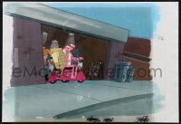 1p0206 PINK PANTHER animation cel 1970s art of him on scooter over printed background!