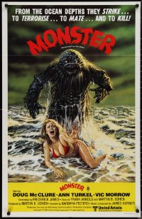 1p0929 HUMANOIDS FROM THE DEEP Aust 1sh 1980 classic art of Monster over sexy girl on beach!