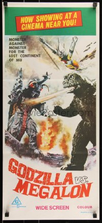 1p1393 GODZILLA VS. MEGALON Aust daybill 1973 Gojira tai Megaro, Toho, Megalon, Gigan, & Jet Jaguar!