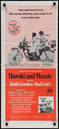 1p1395 HAROLD & MAUDE Aust daybill R1970s Ruth Gordon, Bud Cort is equipped to deal w/life!