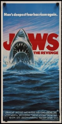 1p1399 JAWS: THE REVENGE Aust daybill 1987 great artwork of shark attacking ship, this time it's personal!