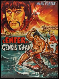 1p0309 HERCULES AGAINST THE BARBARIAN French 1p 1965 Belinsky art of Mark Forest wrestling alligator!