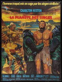 1p0326 PLANET OF THE APES French 1p 1968 art of enslaved Charlton Heston by Jean Mascii!